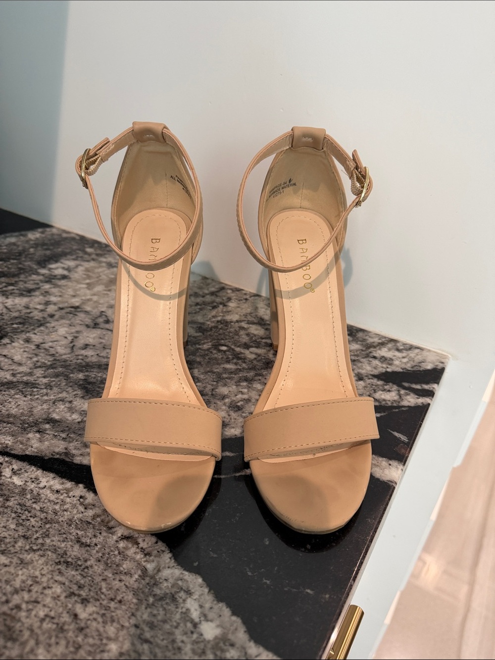 BAMBOO Beige Ankle-Strap Block Heel Sandals